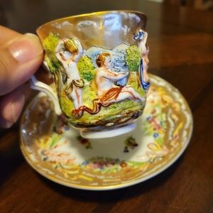 Antique Capodimonte Hand Painted Figural & Gold Coffee Cup & Saucer Set